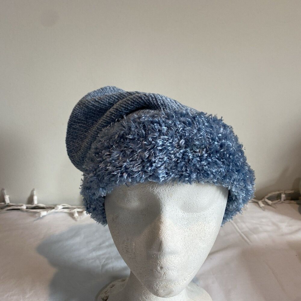 Womens beanie fine Knit lined hat blue slouchy or cuffed faux sherpa brim